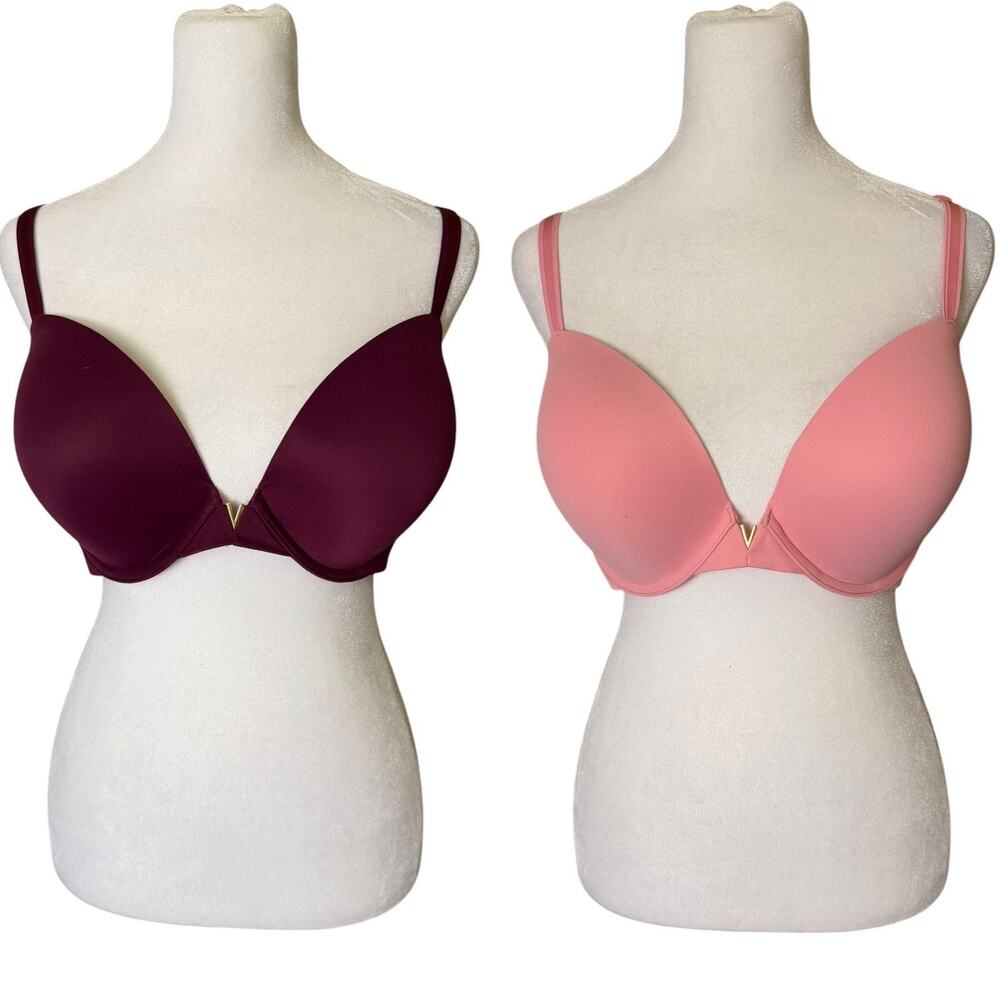 Set of 2 Victoria's Secret 34DDD Pushup Bra Underwire Padded Pink Maroon Plunge